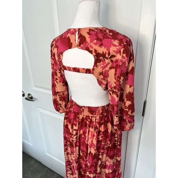 Fuchsia Floral V-Neck Cutout Backless Maxi Dress Size M Medium - Picture 3 of 11